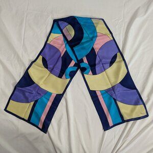 90s cool geometric silk scarf aqua purple gold silk  10" x 51.5" Uana